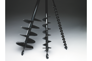 Three different types of auger drill bits displayed in a studio setting.