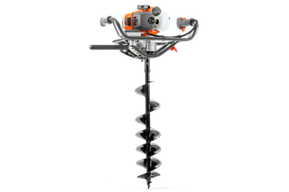 Front view of a construction earth auger with ergonomic handles.
