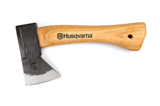 Top view of a Husqvarna axe with a wooden handle and branded head.