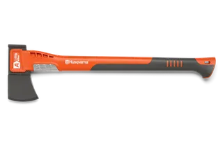 Side view of a Husqvarna axe with ergonomic handle and sharp blade.
