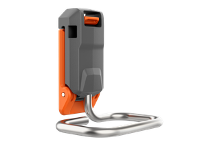 Front view of a wall-mounted tool holder with a metal hook.