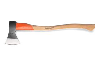 Side view of a Husqvarna axe with a wooden handle and steel blade.