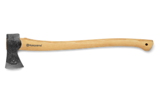 Swedish Style Multi-Purpose Axe. Side view of a Husqvarna axe with a wooden handle.