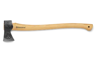 Side view of a Husqvarna axe with a wooden handle.