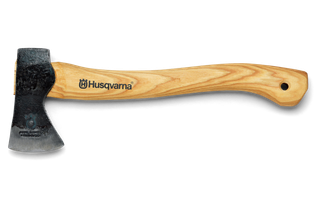 Side view of a Husqvarna axe with a wooden handle.