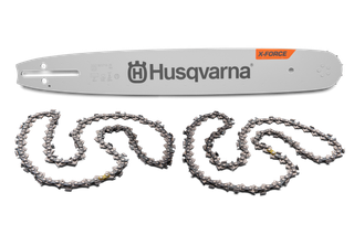 Husqvarna motorzāģa stieņa un divu ķēžu skats no augšas ar X-Force zīmolu.