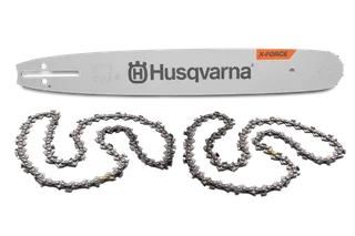 Husqvarna motorzāģa stieņa un divu ķēžu skats no augšas ar X-Force zīmolu.