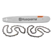 Top view of a Husqvarna chainsaw bar and two chains, showcasing the X-Force branding.