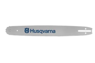 醒目显示徽标的 Husqvarna 富世华链锯导板的侧视图。