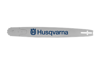 Front view of a Husqvarna chainsaw bar with logo.