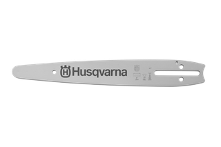 Side view of a Husqvarna chainsaw guide bar with logo and specifications.