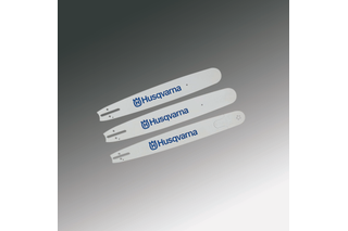 Três lâminas-guia para motosserras Husqvarna apresentadas num fundo degradê.