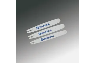Três lâminas-guia para motosserras Husqvarna apresentadas num fundo degradê.