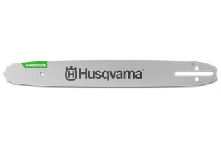 Vedere de sus a unei bare de ghidare a ferăstrăului cu lanț Husqvarna cu branding X-Precision.