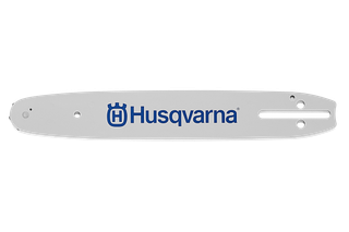 Husqvarna chainsaw guide bar with logo, showcasing its mounting holes and design.