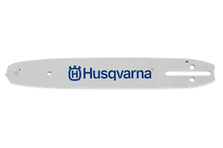 Husqvarna chainsaw guide bar with logo, showcasing its mounting holes and design.