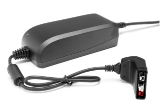 Front view of a battery charger with attached power cable.