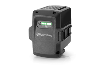 Front view of a Husqvarna BLi100 2.6Ah battery with indicator lights.