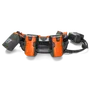 Front view of a Husqvarna battery belt with multiple compartments and a connected power unit.