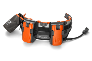 Front view of a Husqvarna battery belt with multiple compartments and a cable.