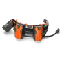 Front view of a Husqvarna battery belt with multiple compartments and a cable.