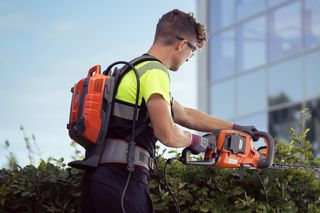 Osoba używająca nożyc do żywopłotu z baterią plecakową w ogrodzie.