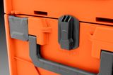 Close-up view of a toolbox latch and handle.