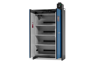 Front view of an industrial storage cabinet with open doors and multiple shelves.