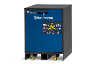 Front view of a Husqvarna storage cabinet with safety labels and lockable door.