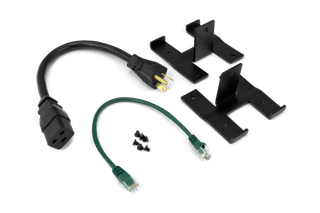 Set of electronic connectors and mounting brackets with screws.