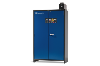 Front view of a Husqvarna equipment storage cabinet with digital display.