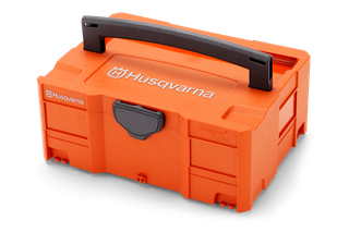 A Husqvarna storage box with a handle, shown from various angles.