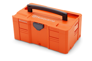 Front view of a Husqvarna toolbox with a handle and latch.