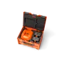 Top view of a battery box containing 2 batteries and one charger
