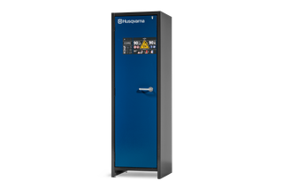 Front view of a Husqvarna equipment storage cabinet with digital display.
