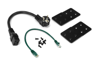 Various electrical cables and mounting plates with screws displayed.