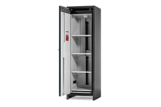 Front view of an open storage cabinet with multiple shelves.