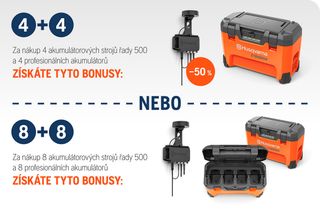 Dvoupanelová promo akce na multifunkční nabíječky Husqvarna a aplikaci Fleet Gateway: levá 1 nabíječka −50 %, pravá 2 nabíječky + brána zdarma.