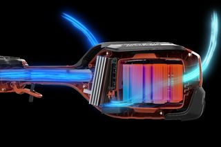 Side view of a product with airflow and heat dissipation elements visible.