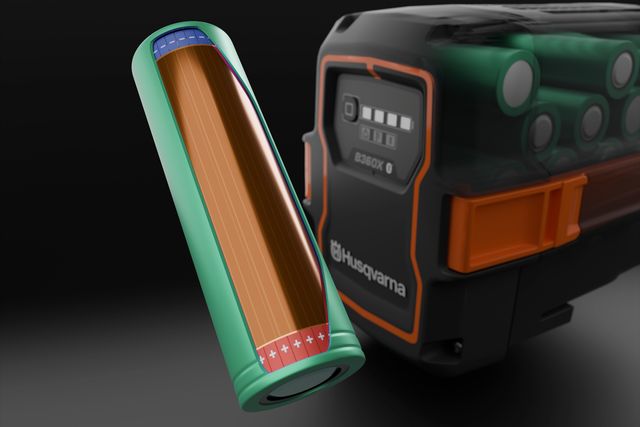 Cross-section of a cylindrical battery cell next to a Husqvarna B360X battery pack in a studio close-up.