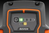 Close-up of a B220X battery indicator showing a full charge.