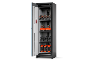 A storage cabinet containing multiple Husqvarna batteries and chargers on shelves.