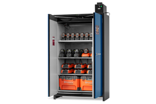Storage cabinet with multiple Husqvarna batteries and chargers organized on shelves.