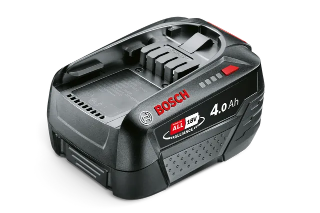 Framifrån av ett Bosch 18V 4,0 Ah-batteri.