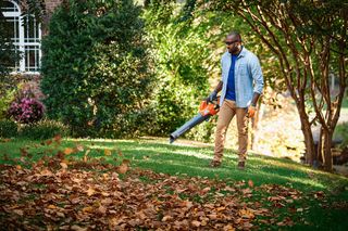 A person using a leaf blower to clear fallen leaves from a driveway in a garden setting.