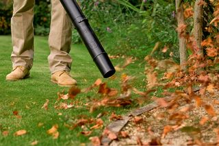 Eine Person, die ein Laubblasgerät benutzt, um gefallene Blätter in einer Gartenumgebung zu entfernen.