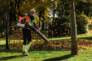 Eine Person, die ein Laubblasgerät benutzt, um heruntergefallene Blätter in einem Park zu beseitigen.