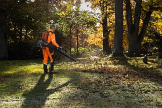 在公园环境中使用吹叶机吹叶的人。