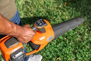A person holding a leaf blower on a grassy area, showcasing the control panel.