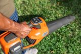A person holding a leaf blower on a grassy area, showcasing the control panel.